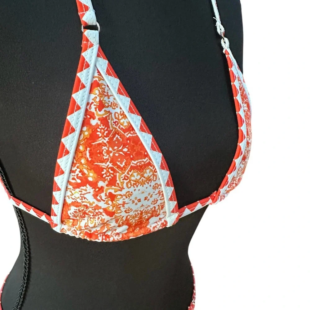 String Bikini Orange White Thong Size M in EUC